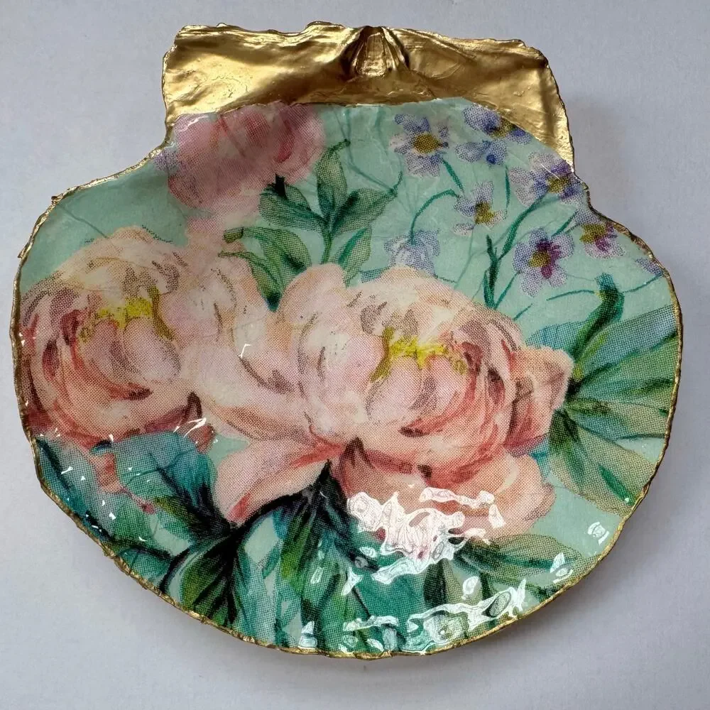 Vintage Pink Botanical Floral Trinket Dish with Gold Rim